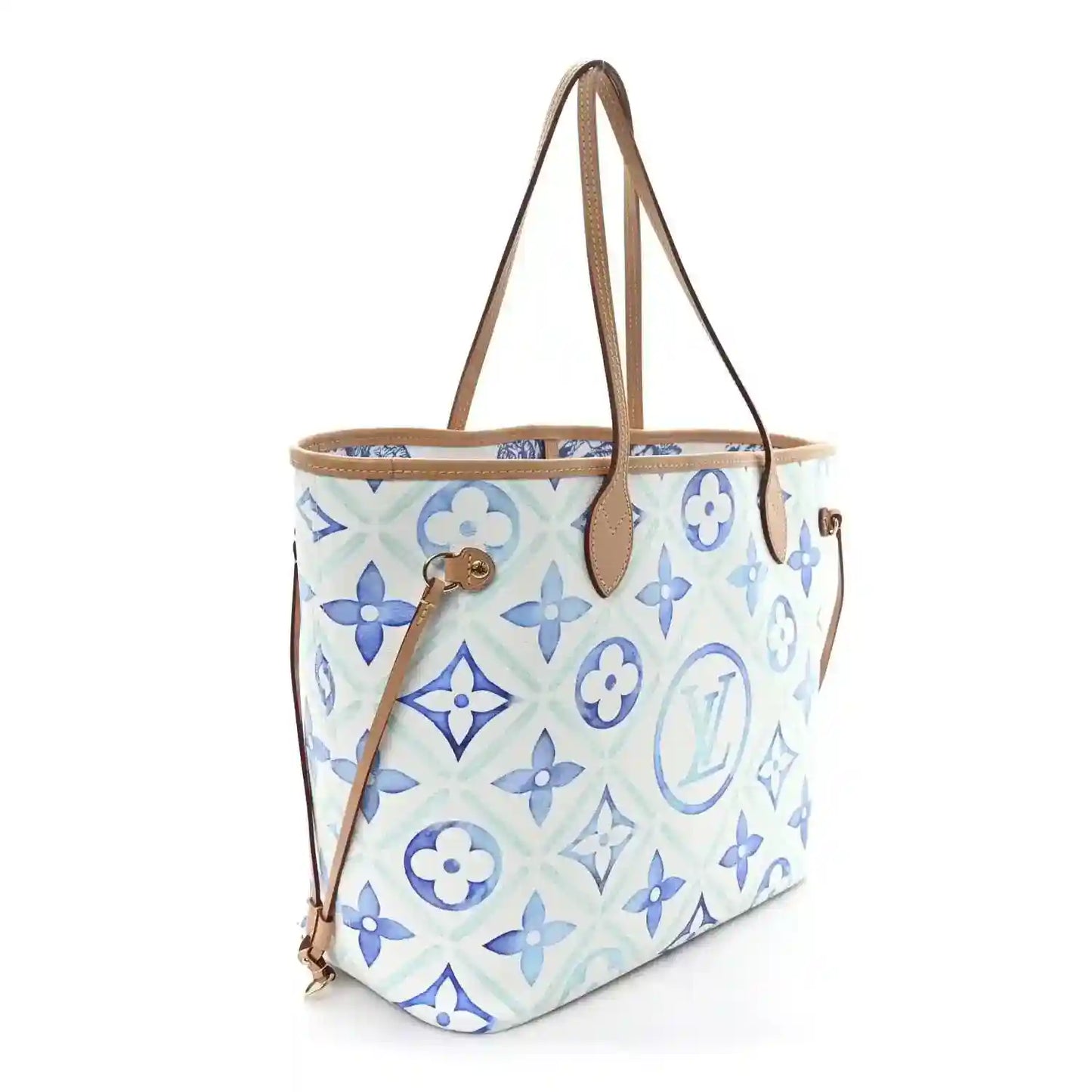 Louis Vuitton Neverfull tote bag, blue monogram tile print with tan leather trim