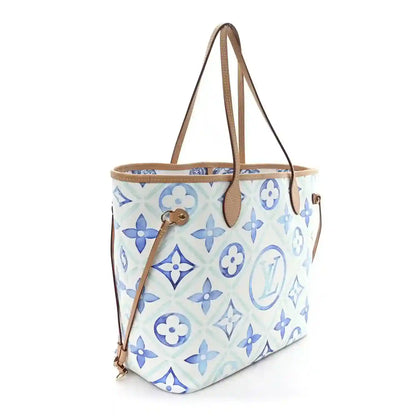 Louis Vuitton Neverfull tote bag, blue monogram tile print with tan leather trim