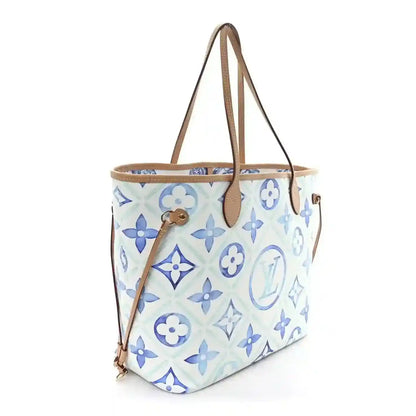 Louis Vuitton Neverfull tote bag, blue monogram tile print with tan leather trim