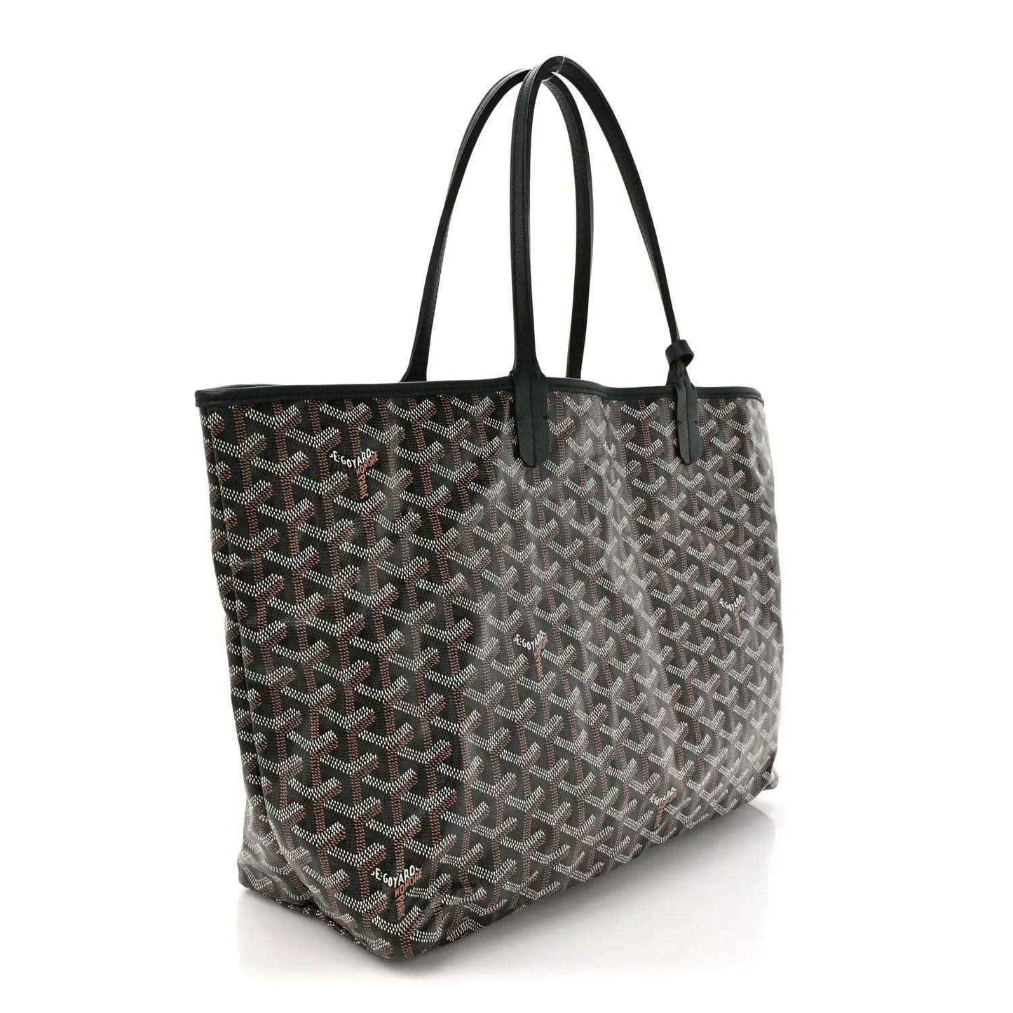 Black patterned tote bag with long top handles and structured base