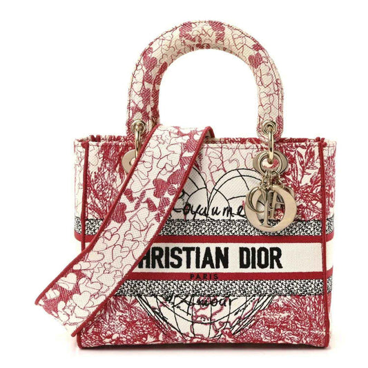 Medium Lady D-Lite handbag with red and white embroidered floral canvas, top handles