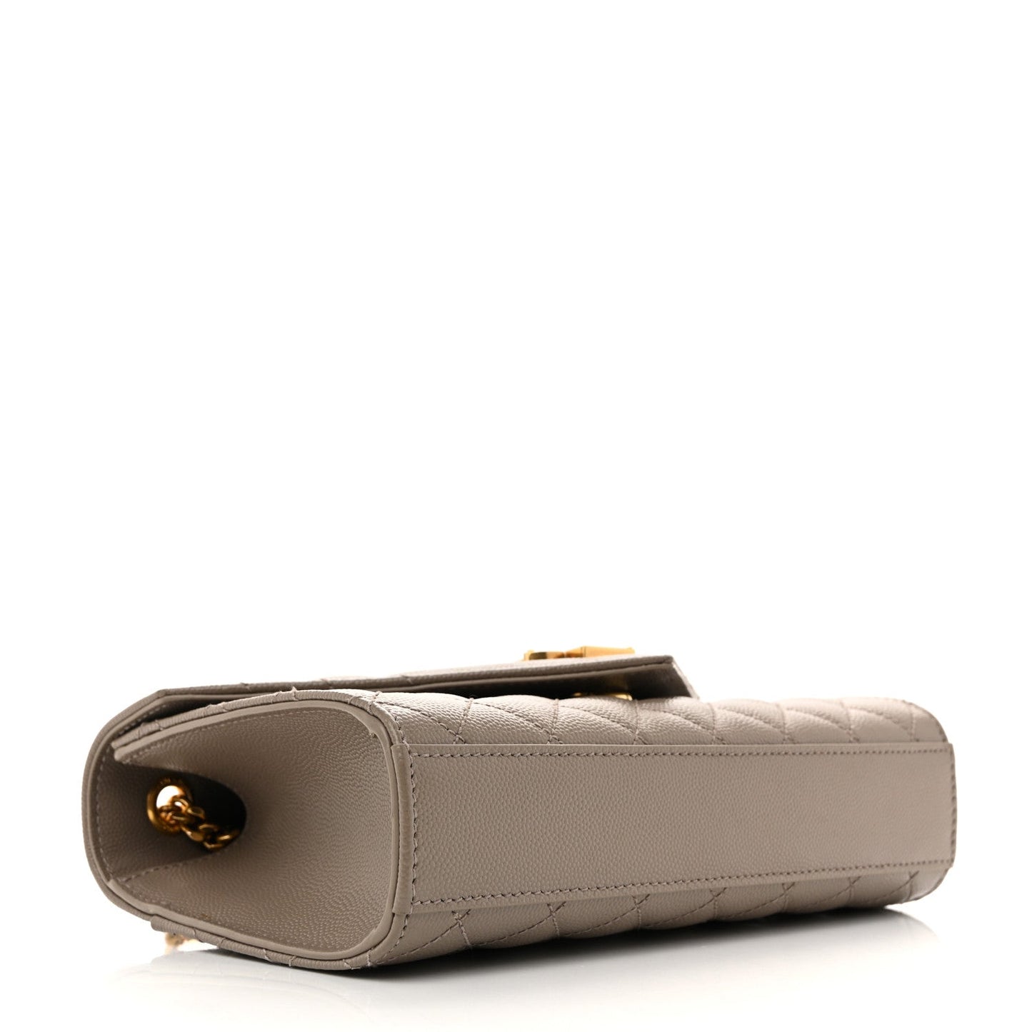 Greyish brown small satchel with open top, side logo, and gold-tone hardware