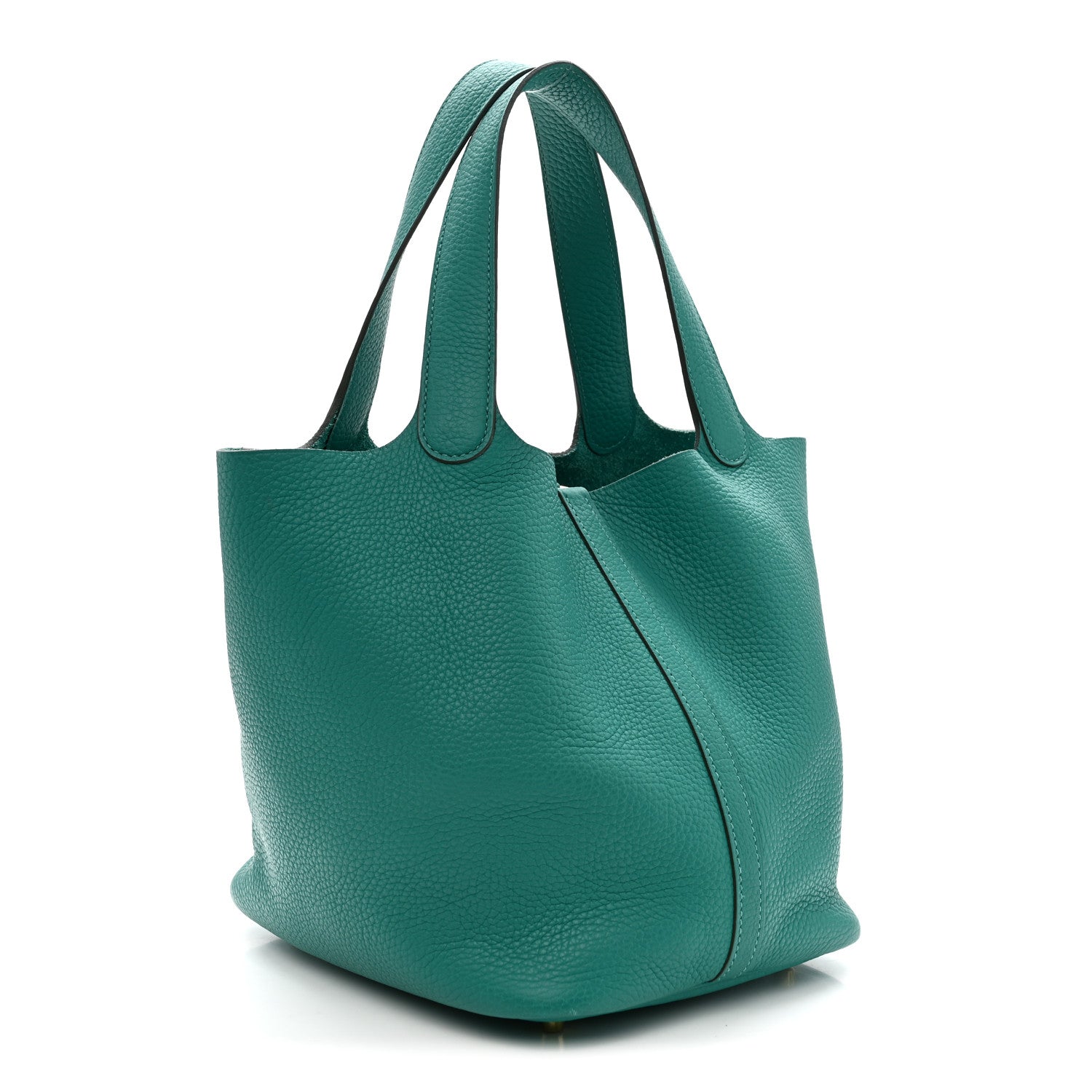 Green leather tote with curved silhouette, top handles, and side seam detail