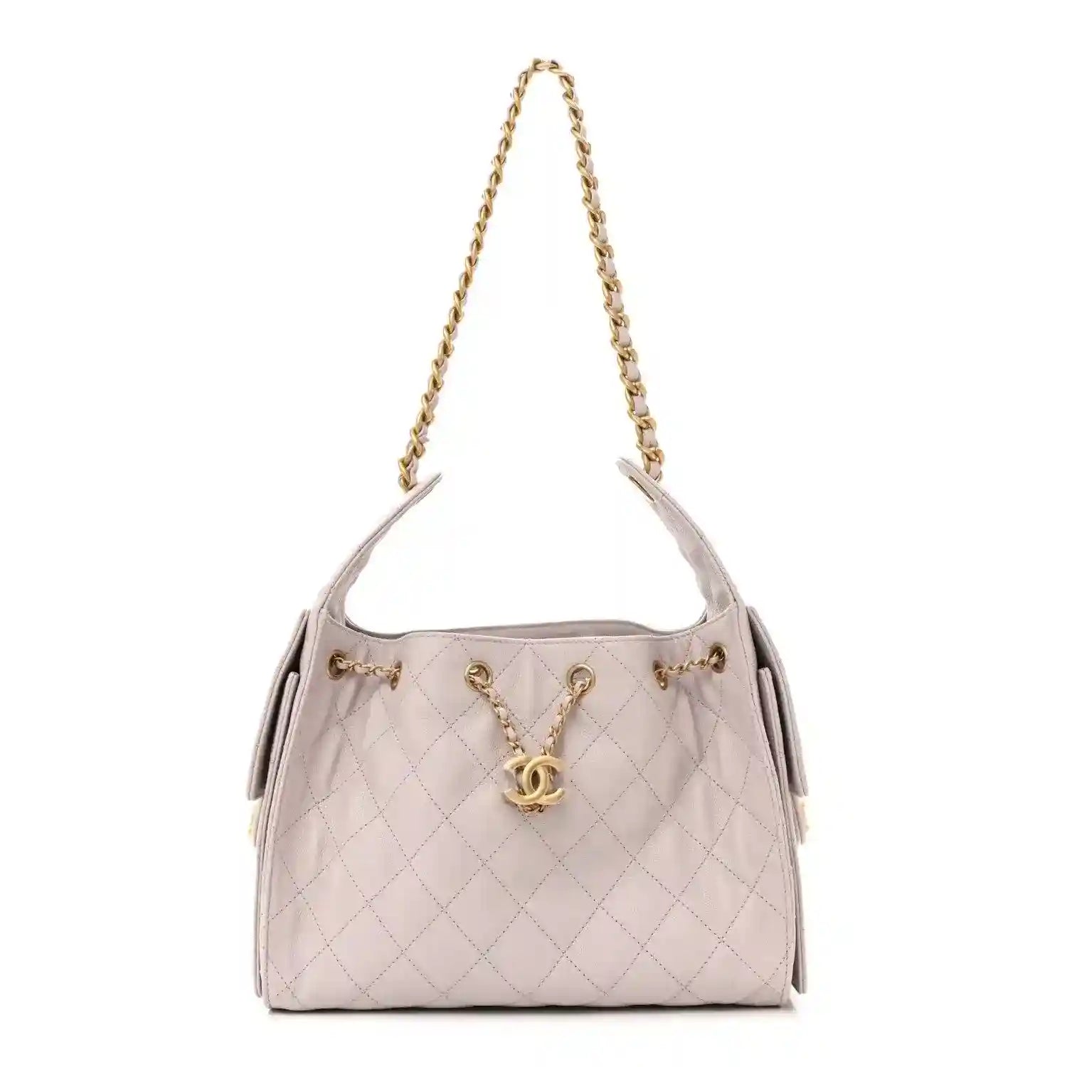 Lilac quilted small handbag with gold chain shoulder strap and Chanel CC turn-lock