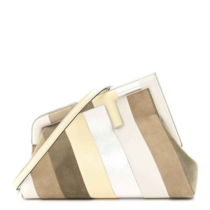 Striped nappa suede clutch with multicolor panels and top magnetic tab closure