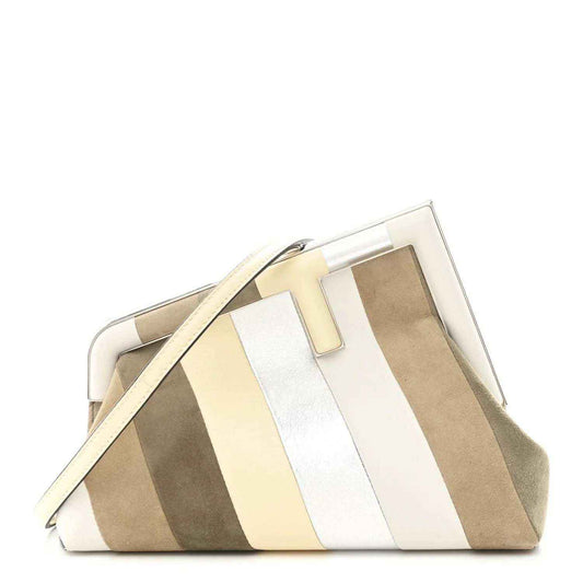 Striped nappa suede clutch with multicolor panels and top magnetic tab closure