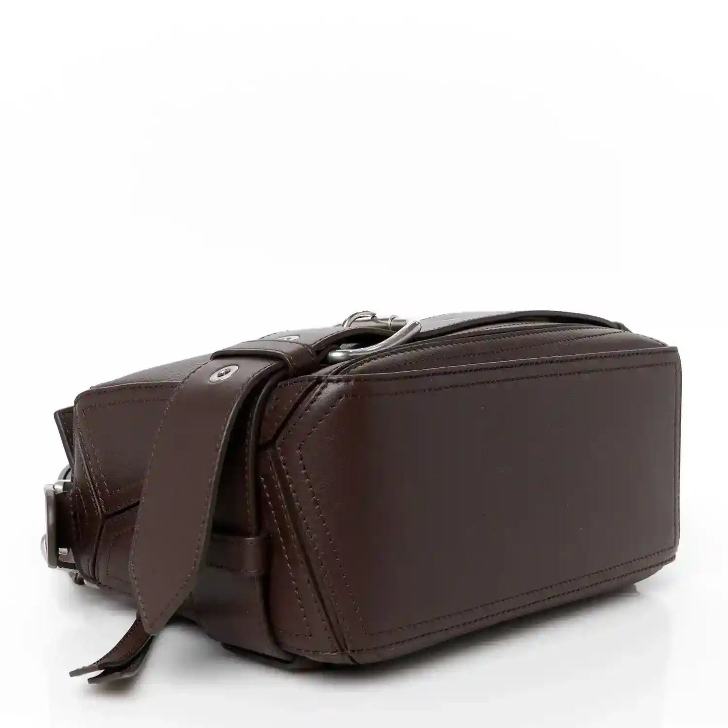 Small leather biker bag with structured sides and adjustable shoulder strap, dark brown