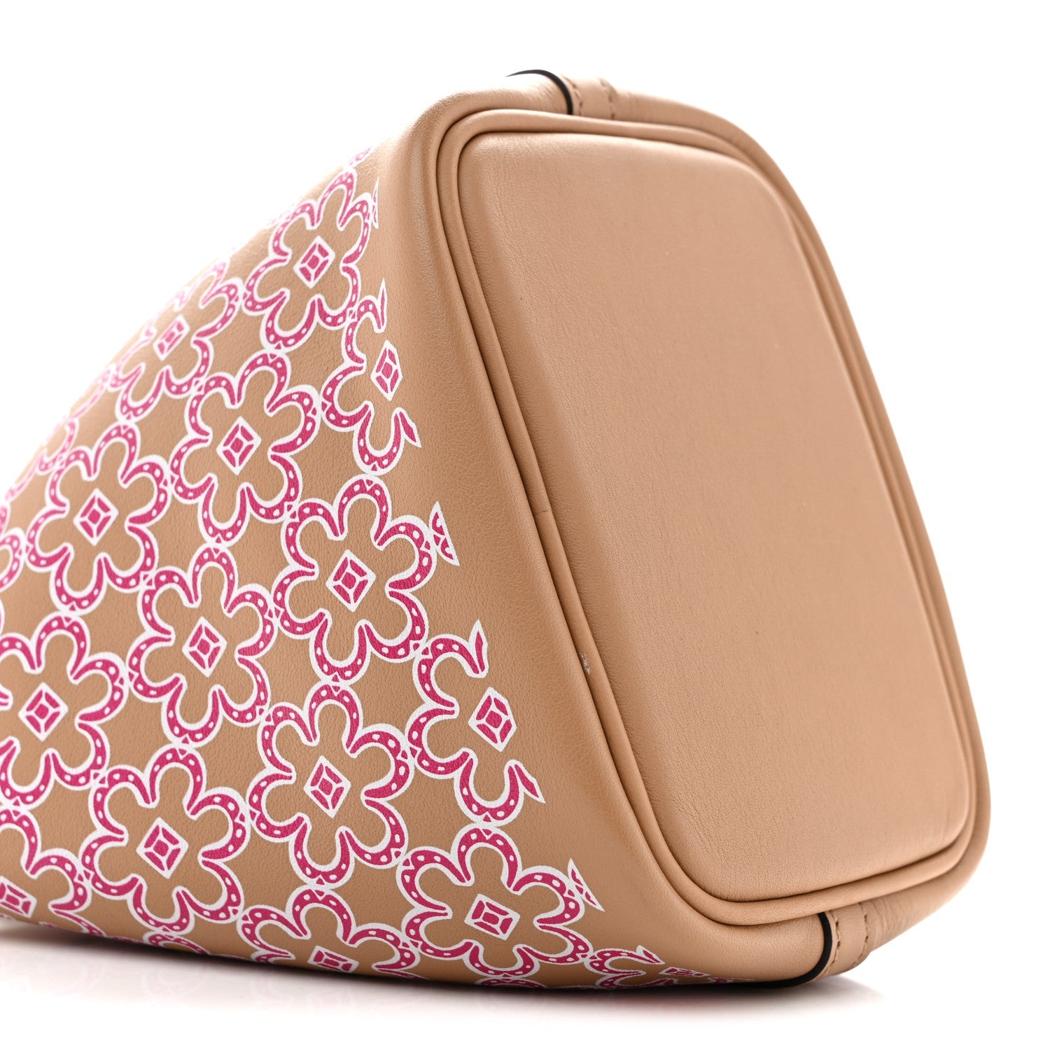 Micro tote bag angled view with magenta floral print and tan leather back panel