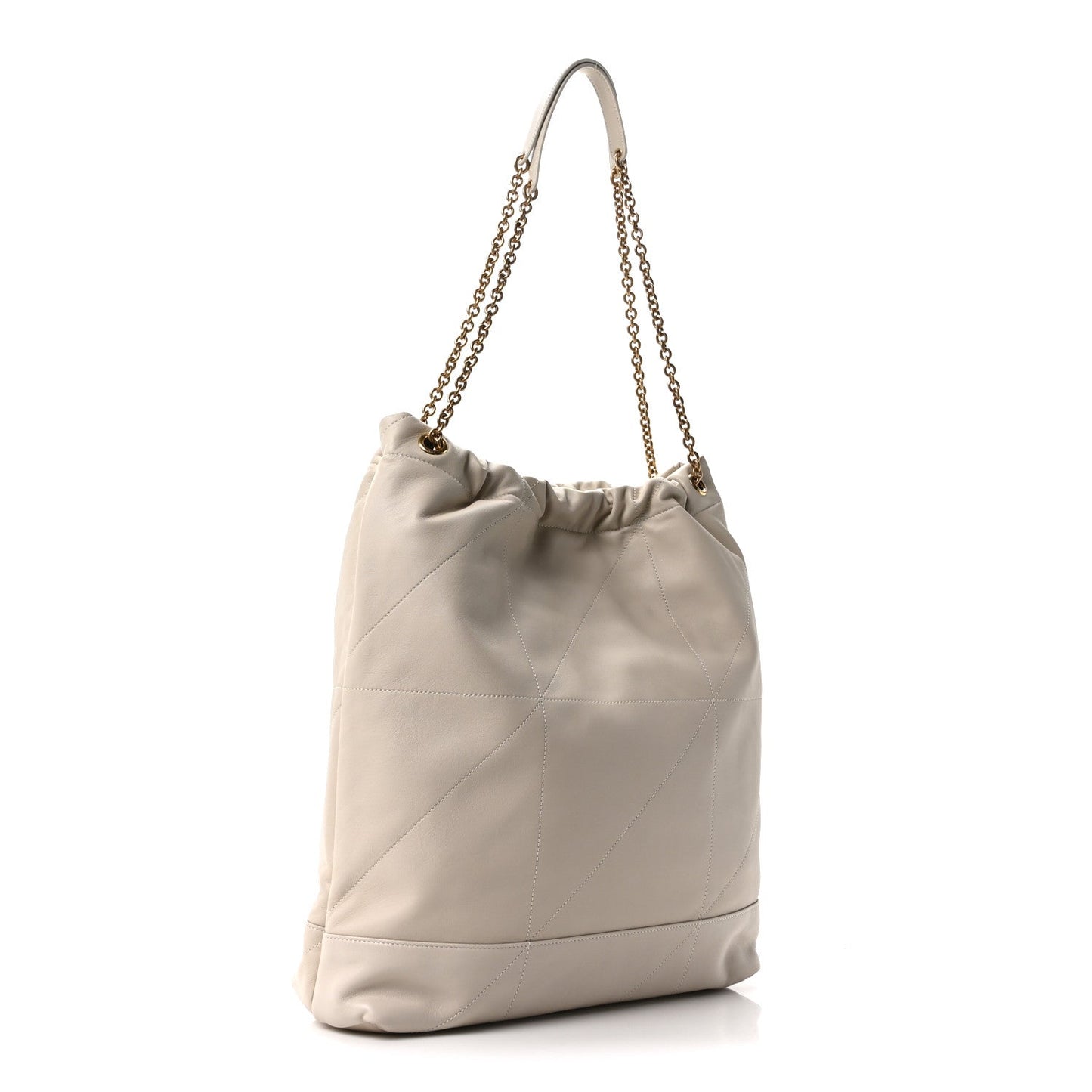 Cream lambskin tote bag with chain handles, gathered top, quilted panel detail
