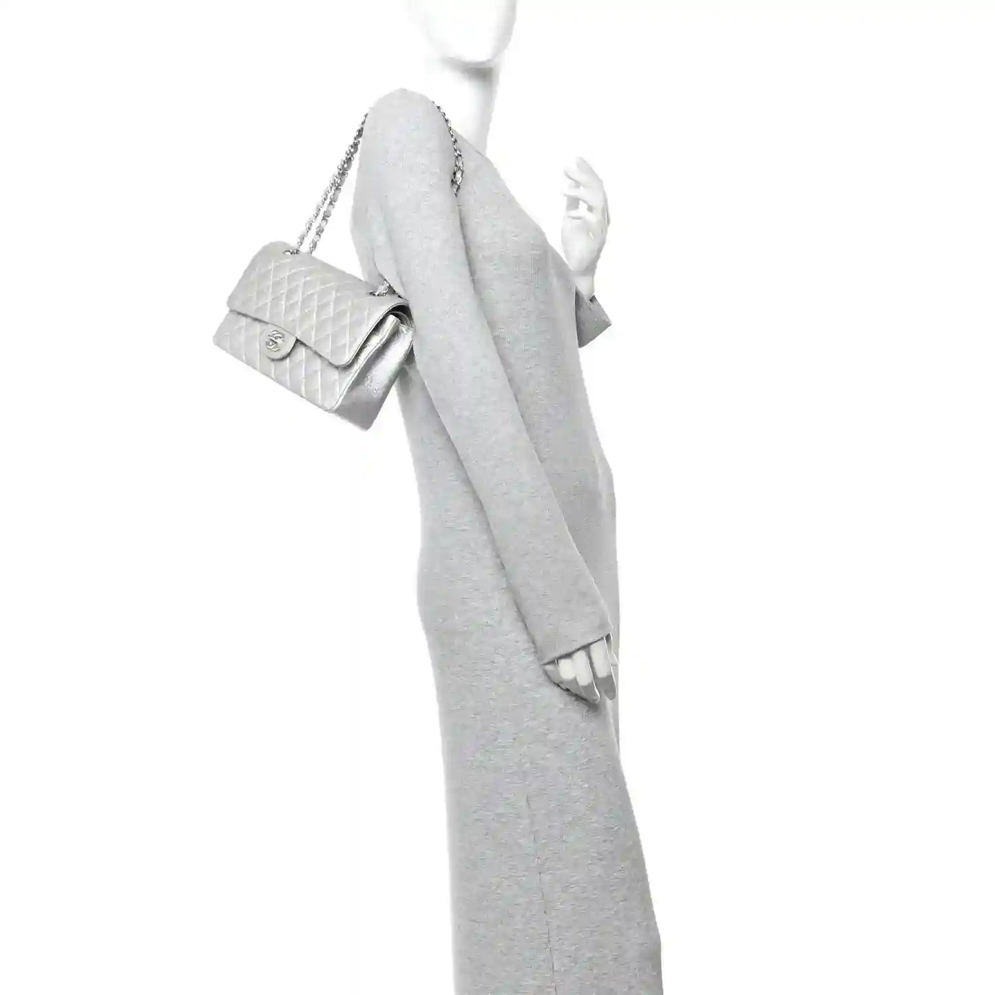 Chanel silver metallic quilted double flap bag with chain strap and turn-lock clasp