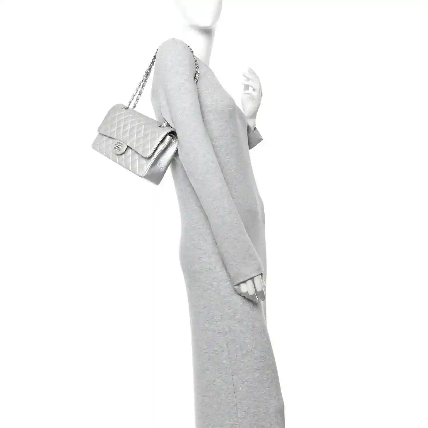 Chanel silver metallic quilted double flap bag with chain strap and turn-lock clasp