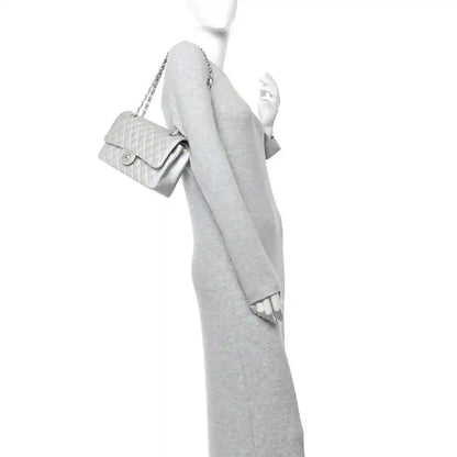 Chanel silver metallic quilted double flap bag with chain strap and turn-lock clasp
