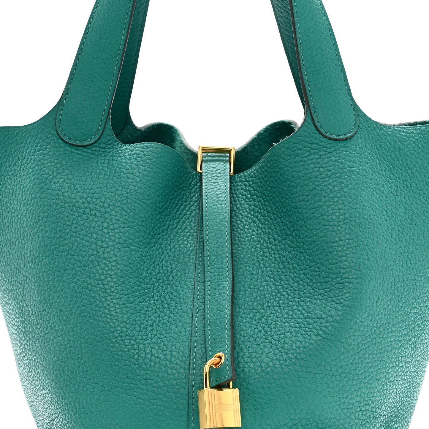 Green leather tote handles with gold-tone lock hardware and strap detail