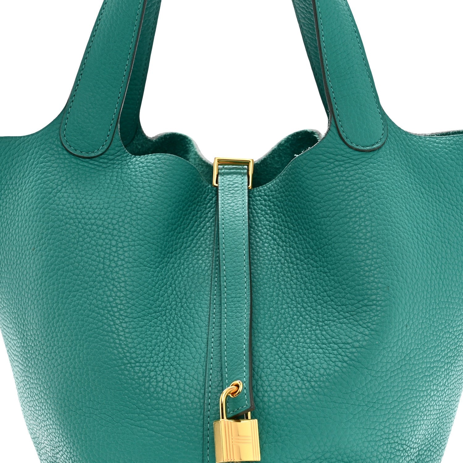 Green leather tote handles with gold-tone lock hardware and strap detail