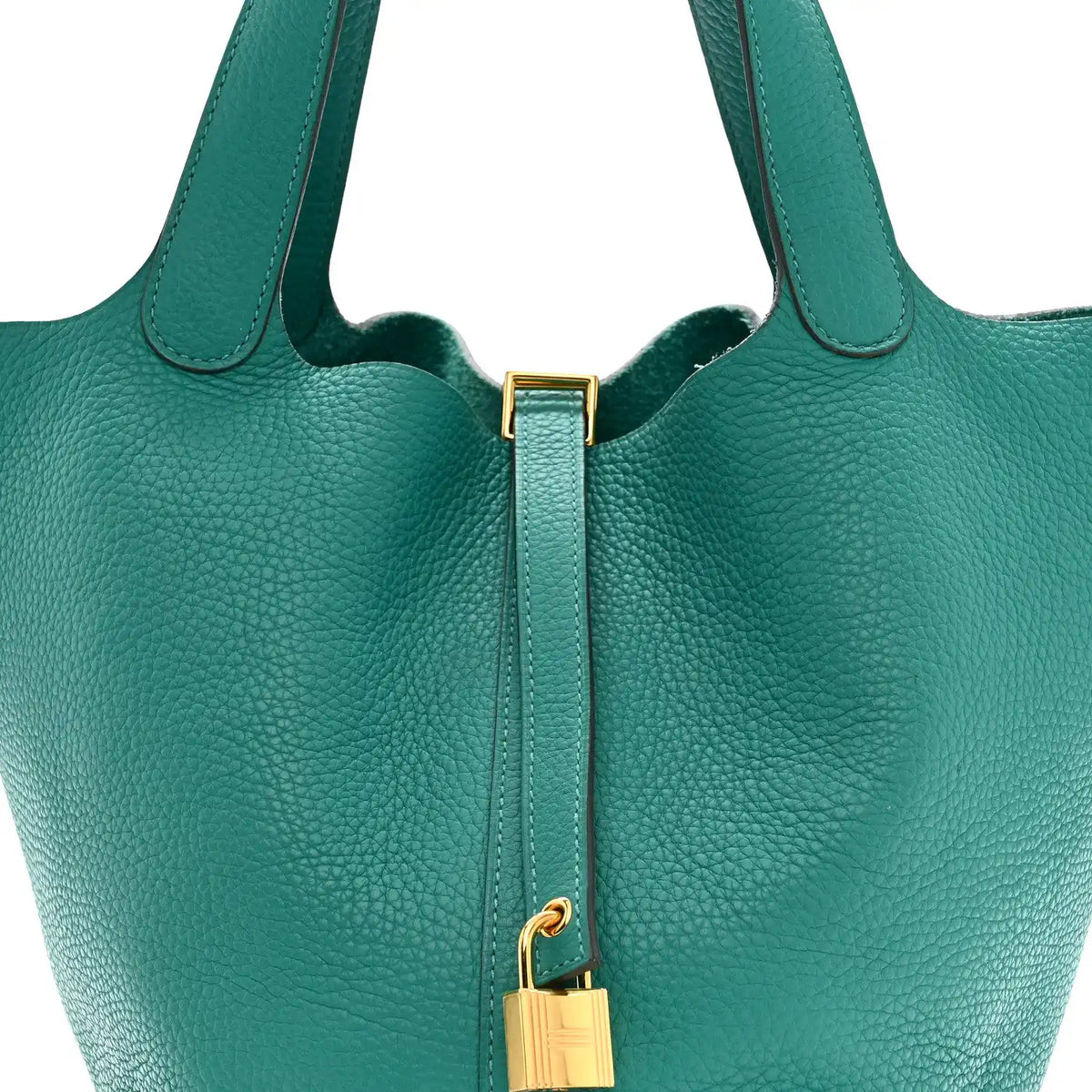 Green leather tote handles with gold-tone lock hardware and strap detail