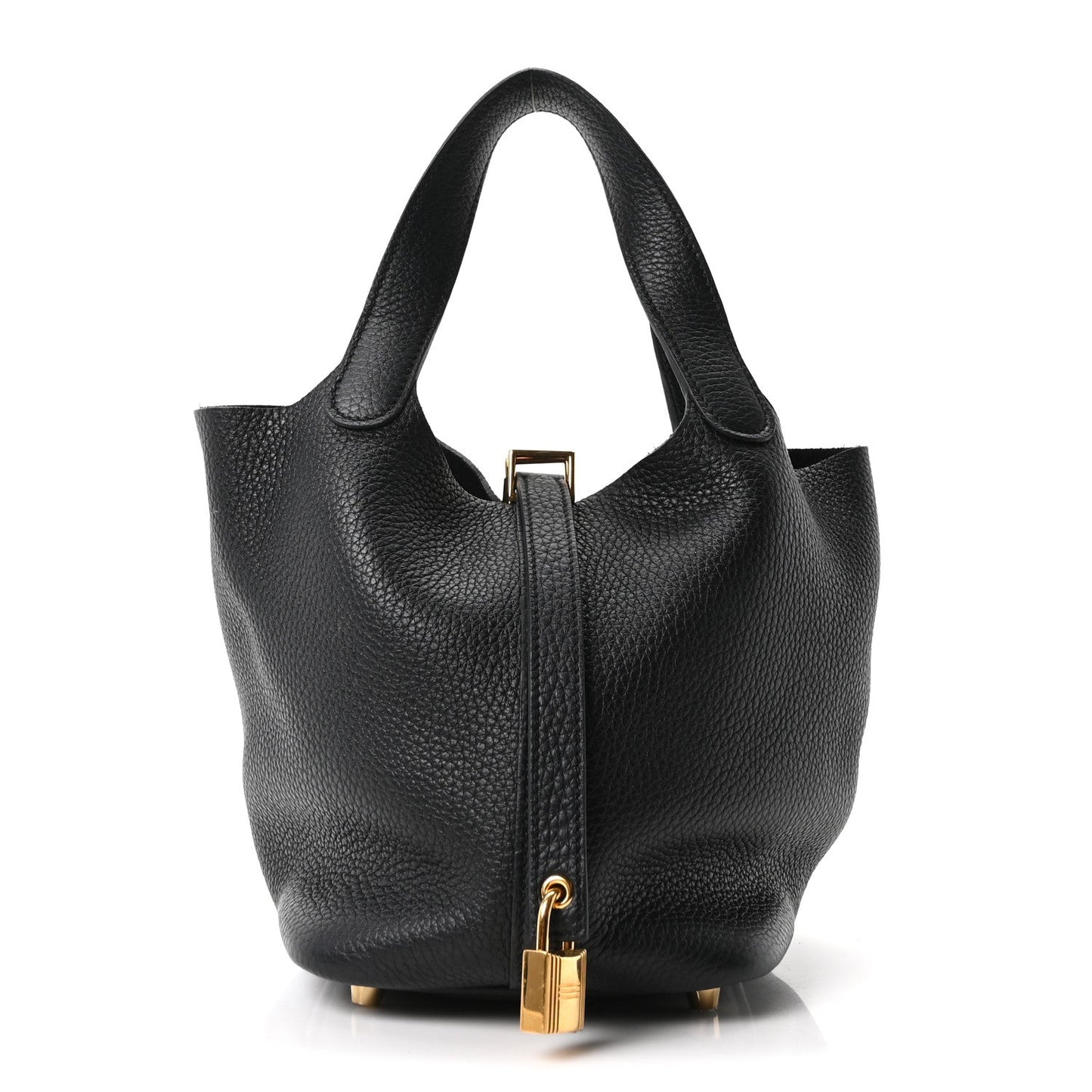Black pebbled leather tote bag front view with gold zipper pull and secure clasp