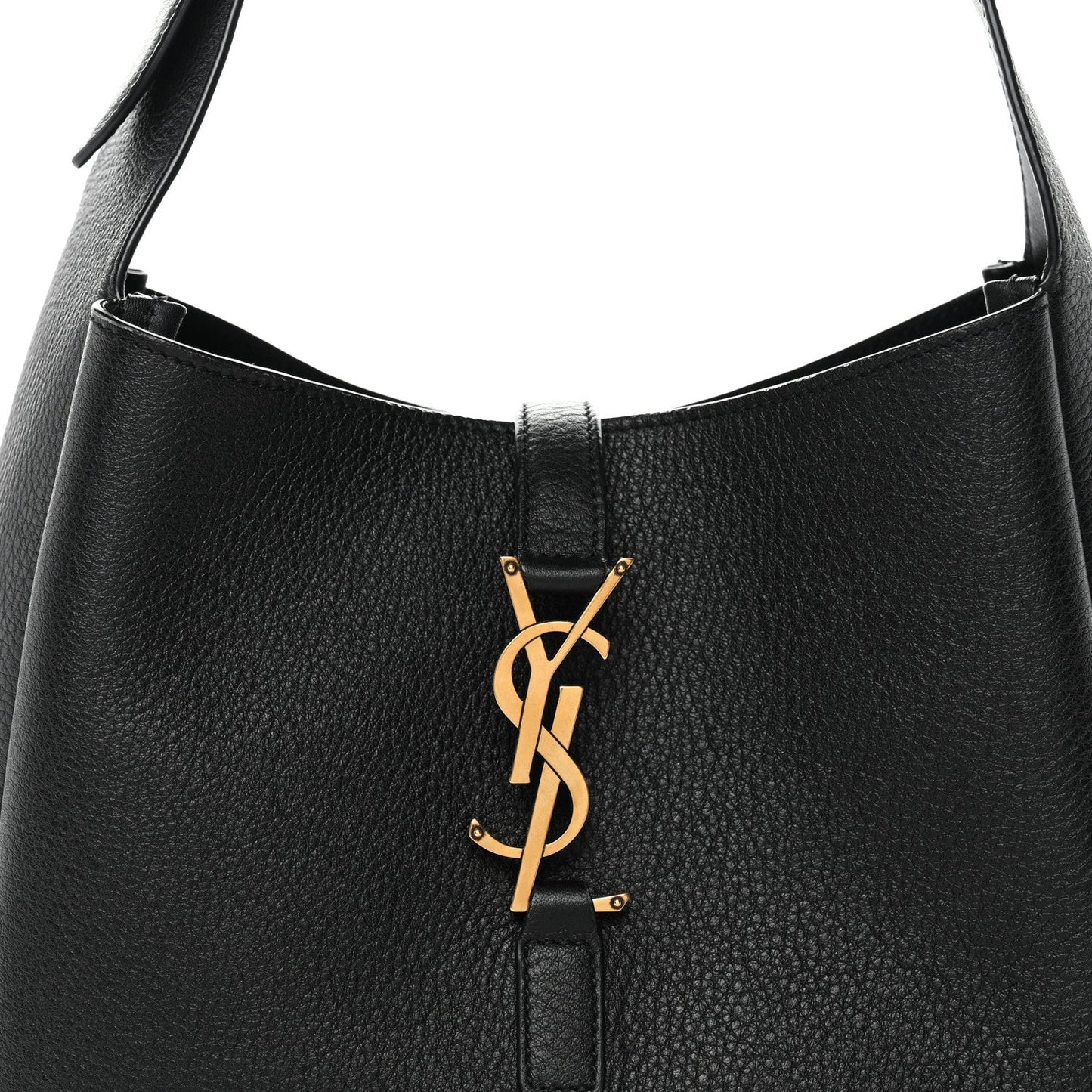 Black leather hobo bag opening with YSL logo and snap closure tab at center.
