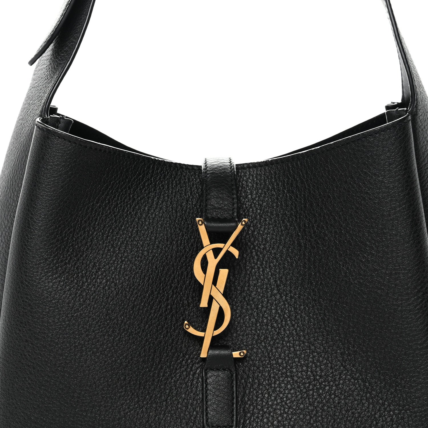 Black leather hobo bag opening with YSL logo and snap closure tab at center.