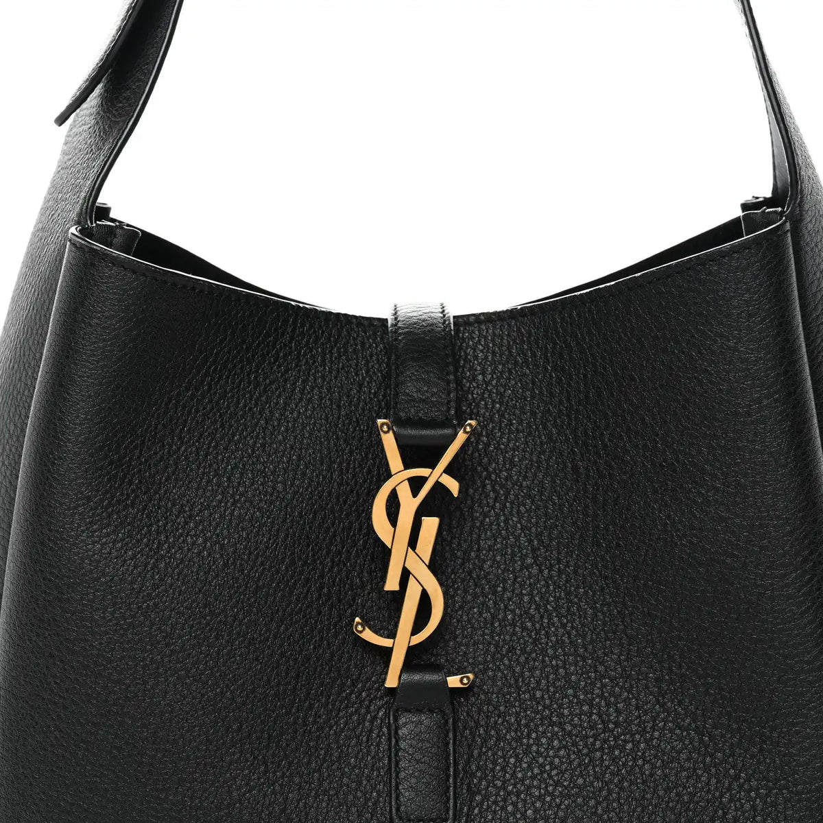 Black leather hobo bag opening with YSL logo and snap closure tab at center.