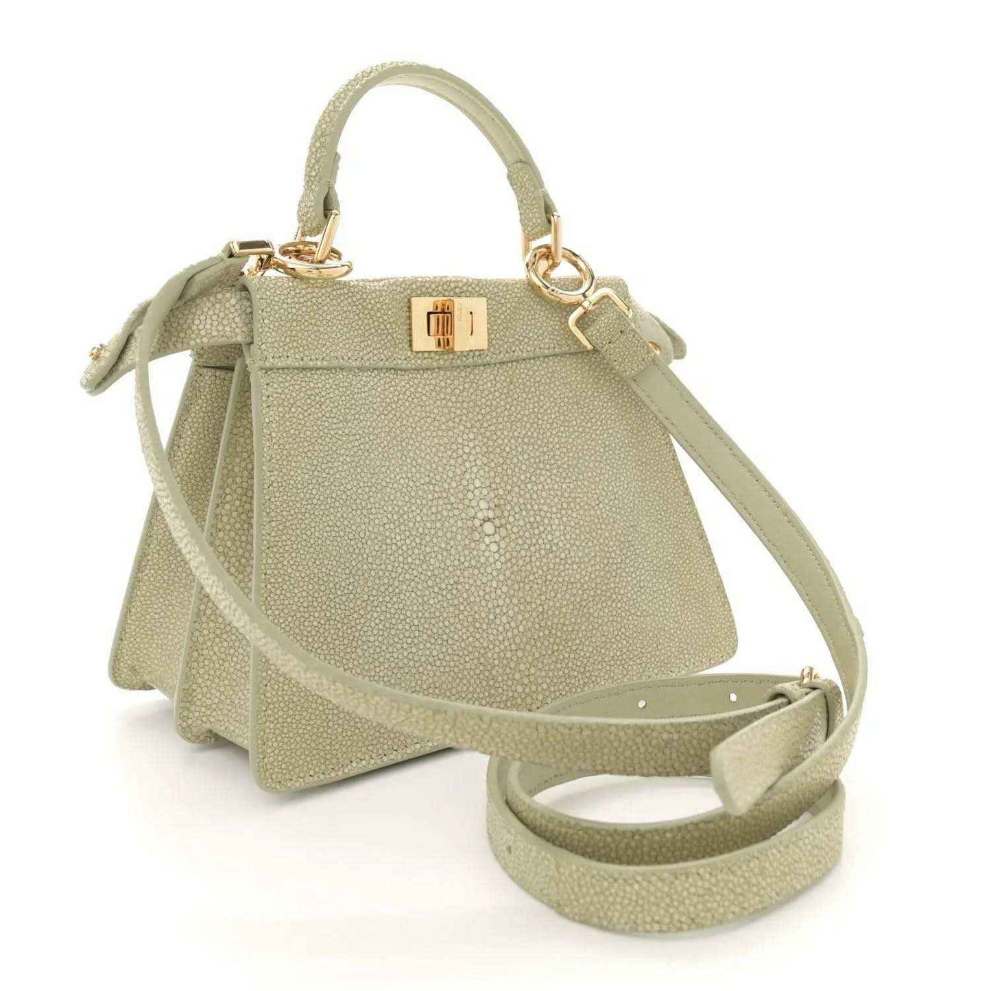 Fendi light green leather satchel with shoulder strap and front buckle clasp