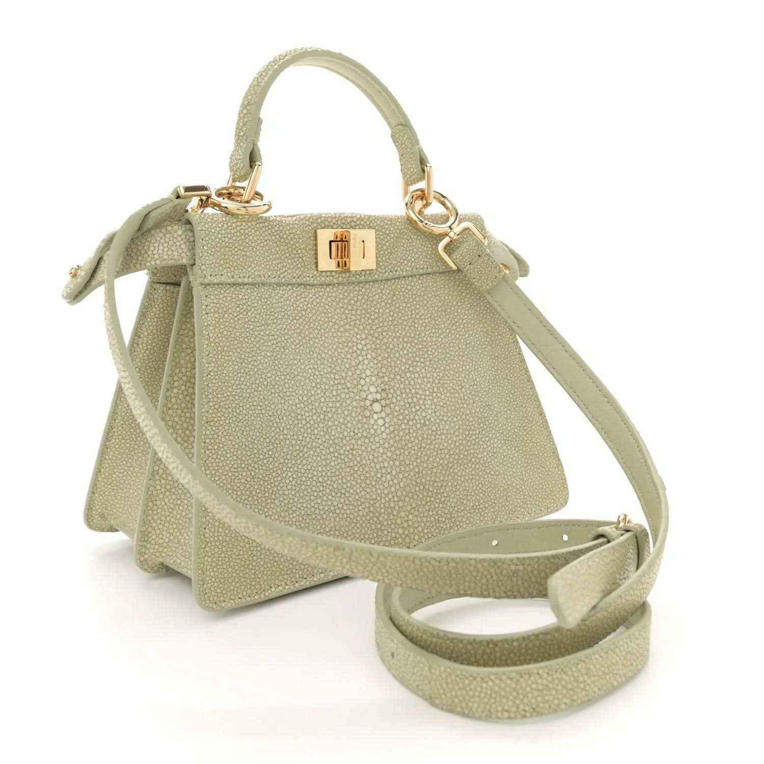 Fendi light green leather satchel with shoulder strap and front buckle clasp