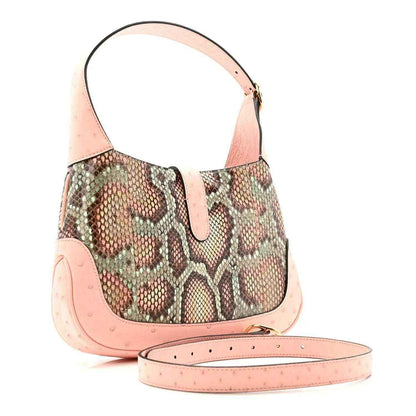 Gucci small hobo bag front view with snakeskin pattern, pale pink leather strap