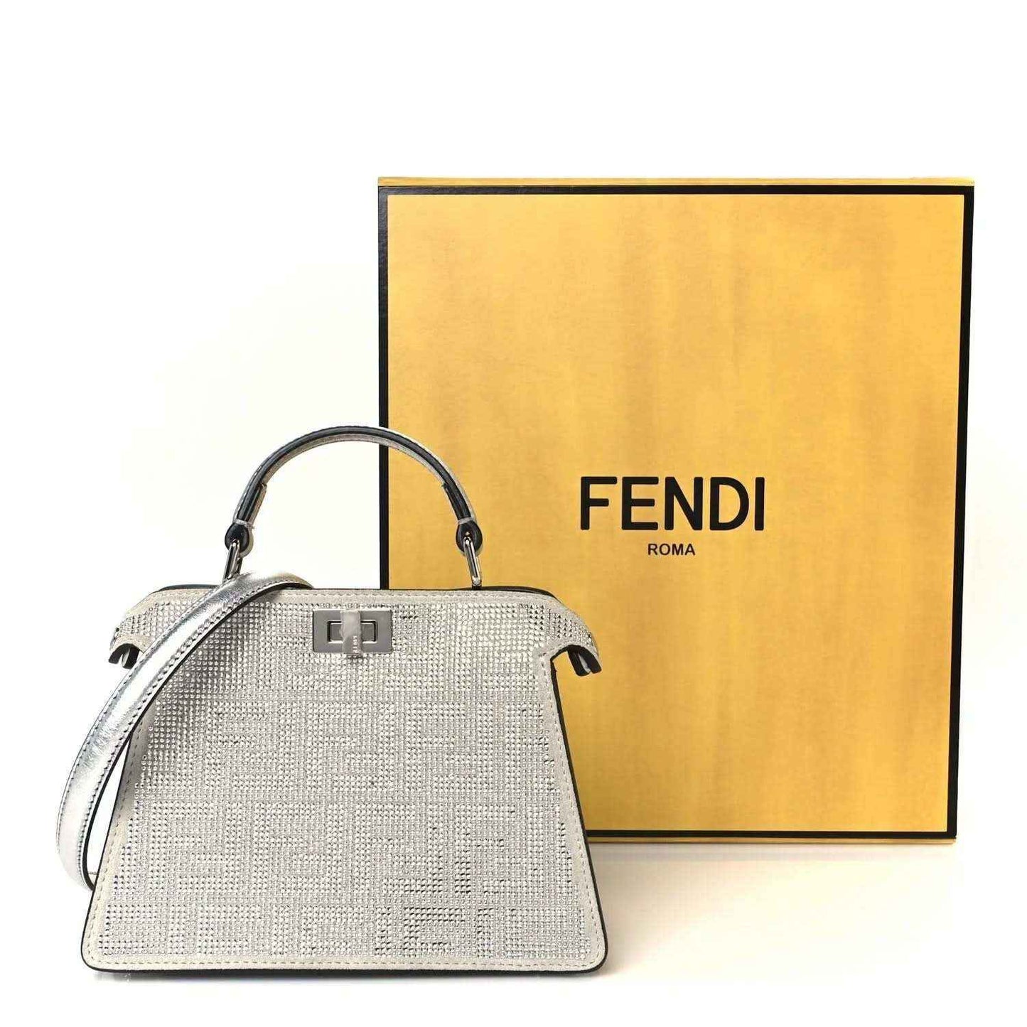 Fendi petite satchel: silver textured top handle with matching shoulder strap, structured body