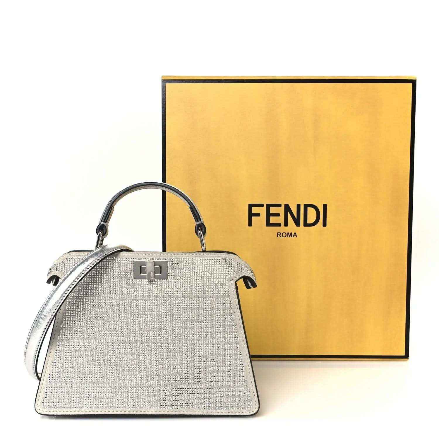 Fendi petite satchel: silver textured top handle with matching shoulder strap, structured body