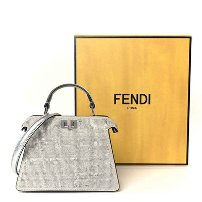 Fendi petite satchel: silver textured top handle with matching shoulder strap, structured body