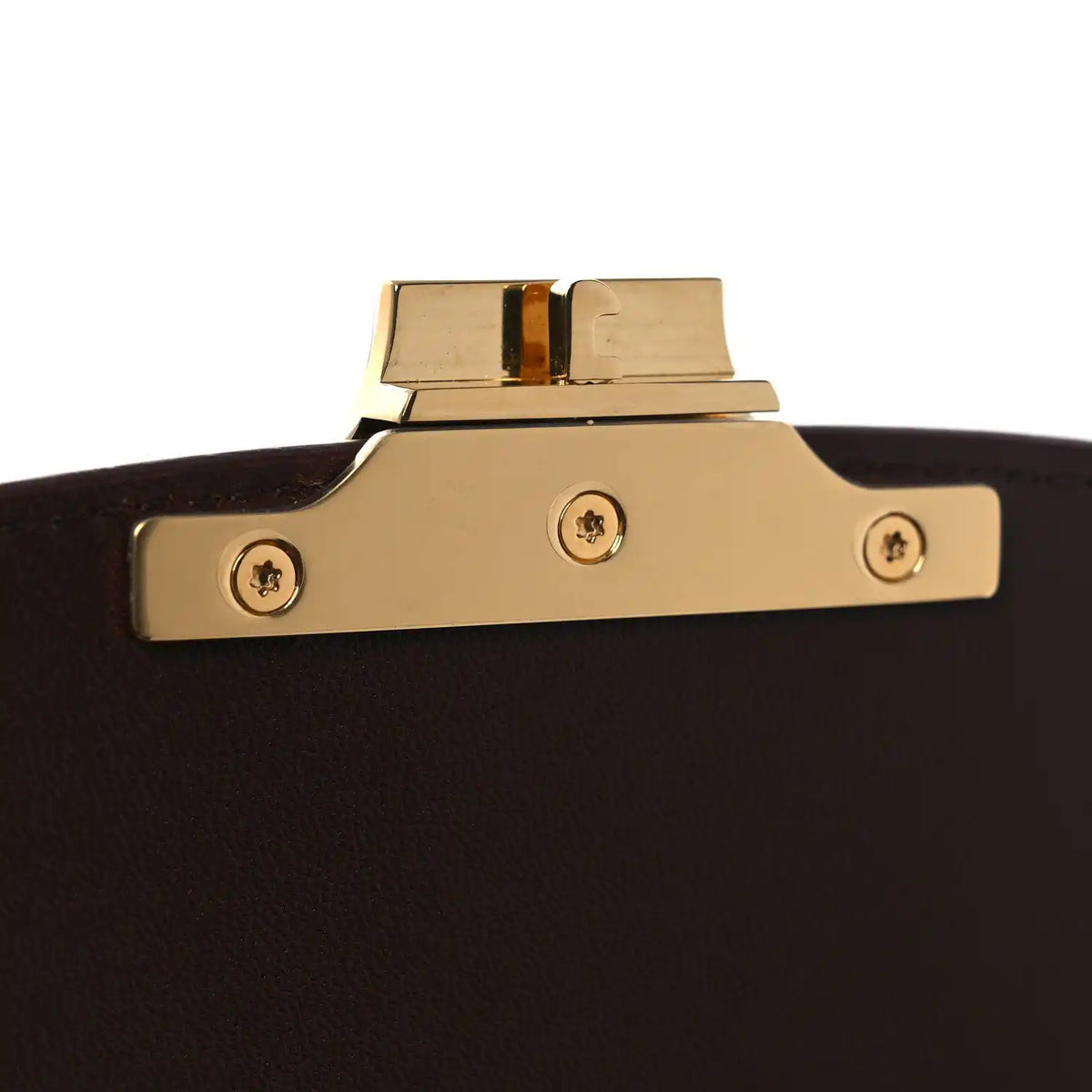 Chestnut leather bag front clasp with gold tone snap buttons and hinge
