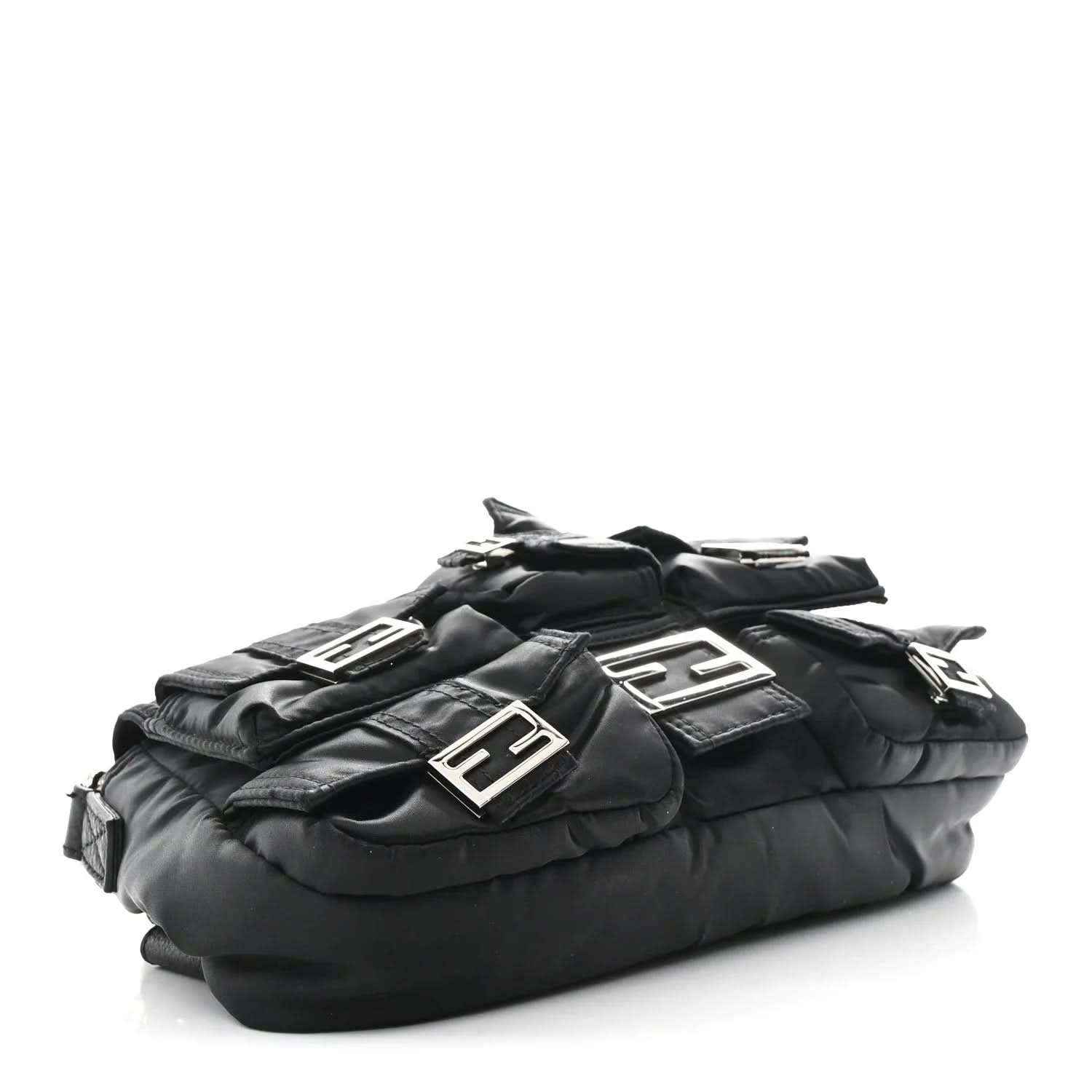 Fendi Econyl black nylon baguette bag with multiple front pockets and silver-tone details
