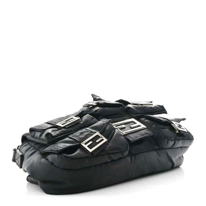 Fendi Econyl black nylon baguette bag with multiple front pockets and silver-tone details