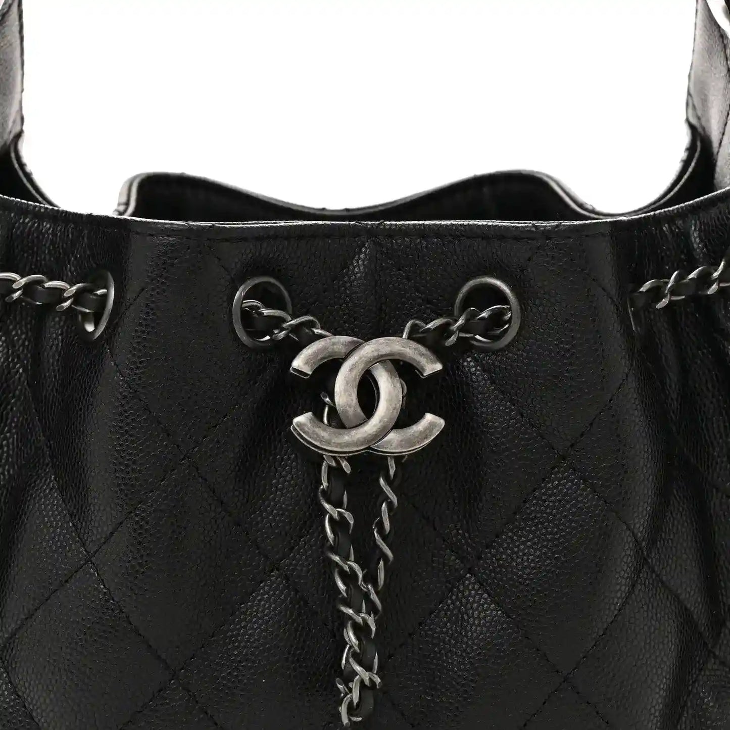 Black quilted mini shoulder bag top opening with CC emblem and chain pull tab.