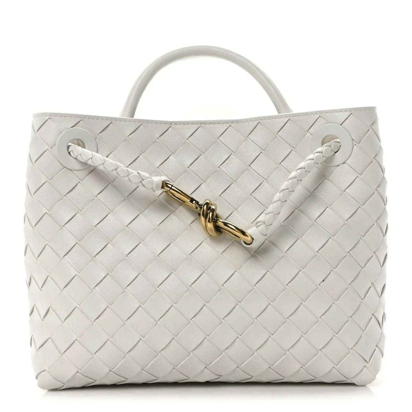 Bottega Veneta Small Andiamo woven nappa leather shoulder bag, white with gold clasp