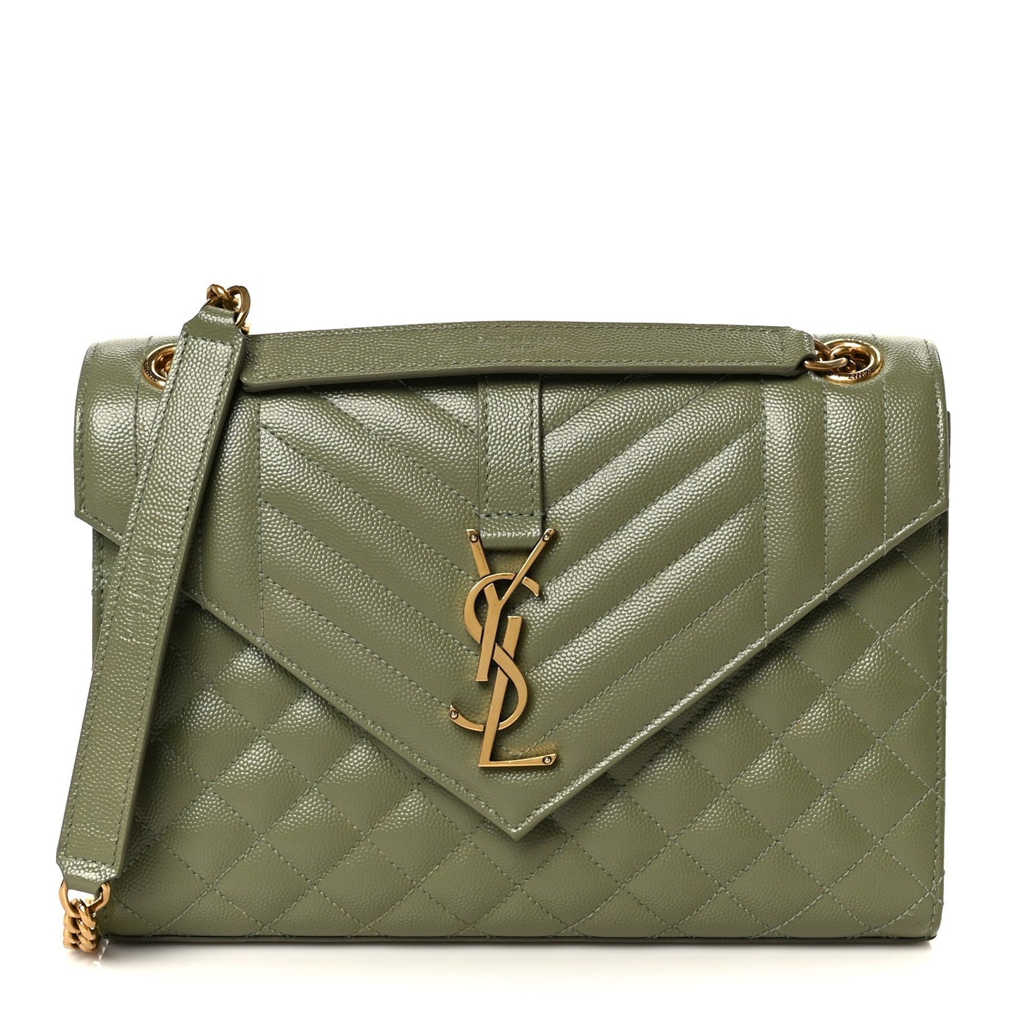 Light sage medium satchel with chevron quilting, front YSL monogram, chain strap