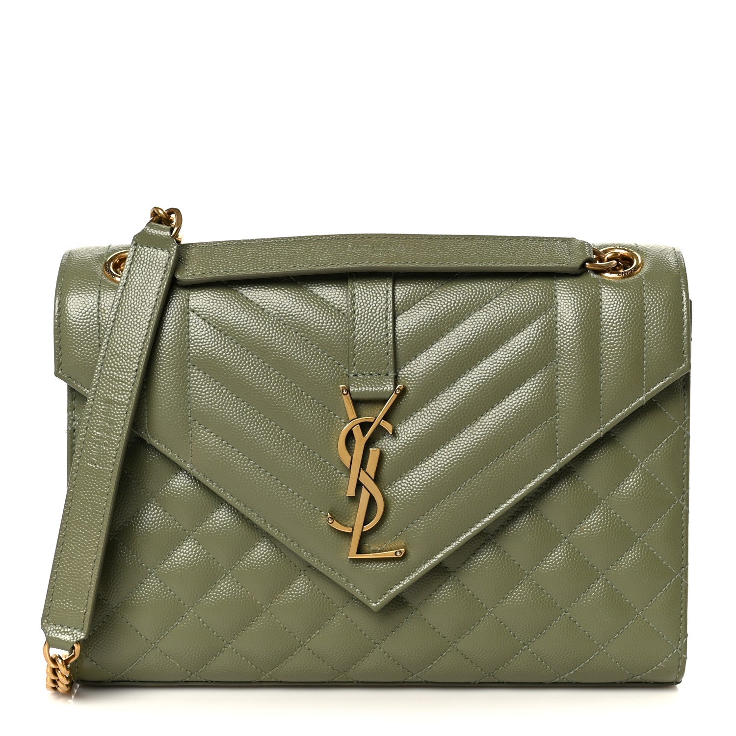 Light sage medium satchel with chevron quilting, front YSL monogram, chain strap