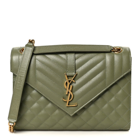 Light sage medium satchel with chevron quilting, front YSL monogram, chain strap