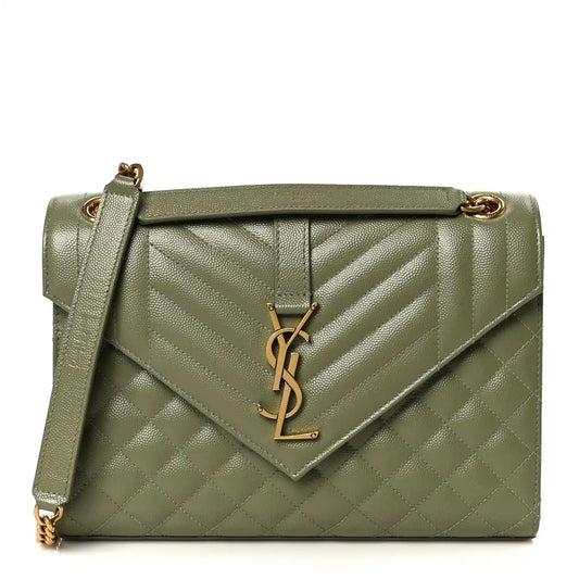 Light sage medium satchel with chevron quilting, front YSL monogram, chain strap