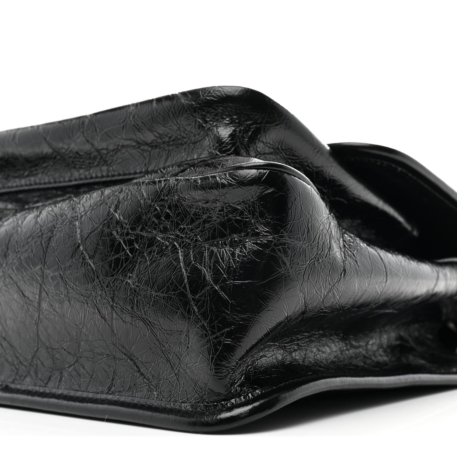 Black crinkled calfskin medium chain satchel with curved flap and top edge
