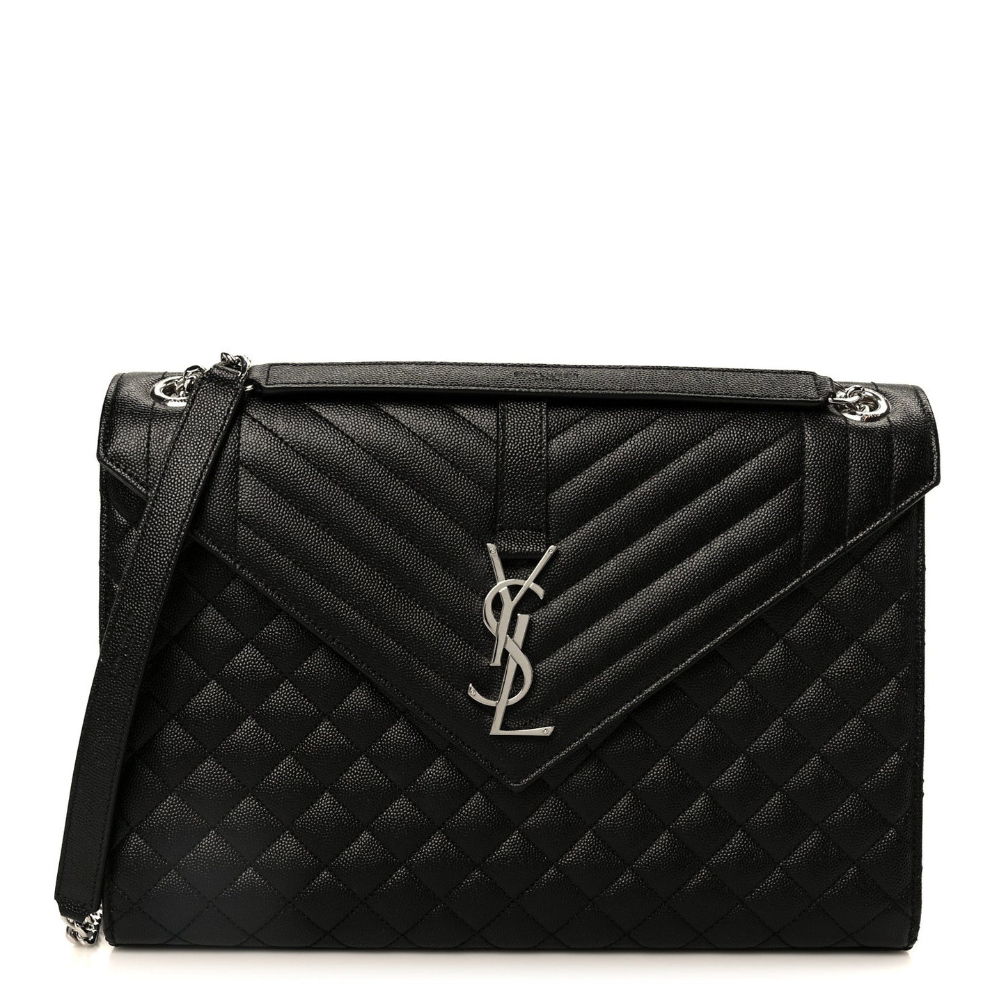 Black quilted triquilt satchel with YSL monogram and top handle, chain strap