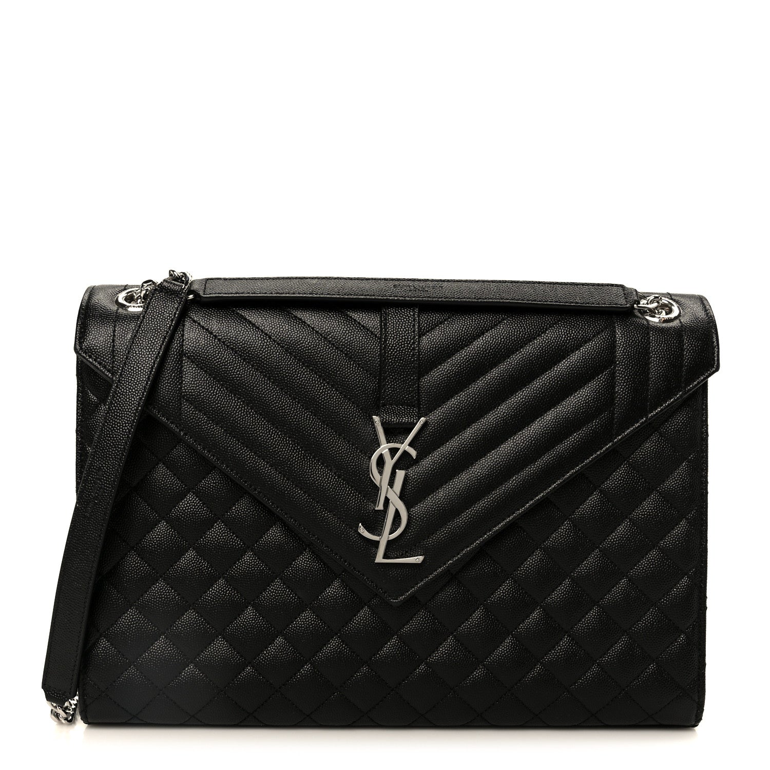 Black quilted triquilt satchel with YSL monogram and top handle, chain strap