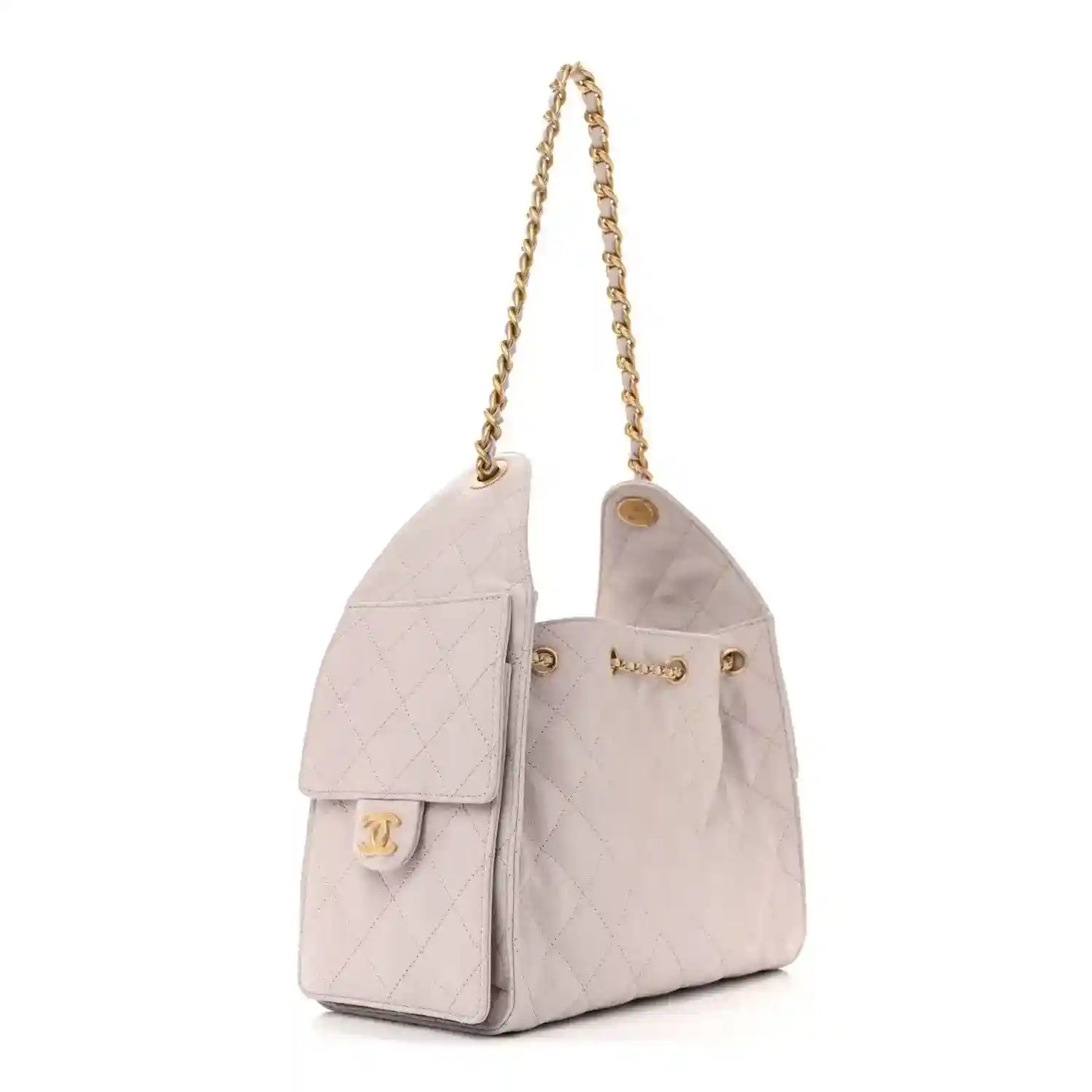 Lilac quilted small handbag with gold chain, front flap pocket, and Chanel CC emblem