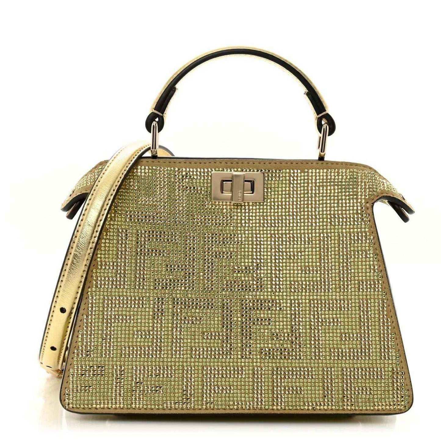 Gold crystal Peekaboo-style satchel with top handle, front clasp, and side tassels