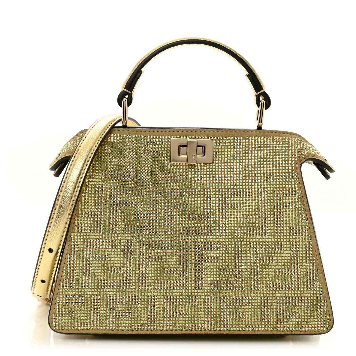 Gold crystal Peekaboo-style satchel with top handle, front clasp, and side tassels
