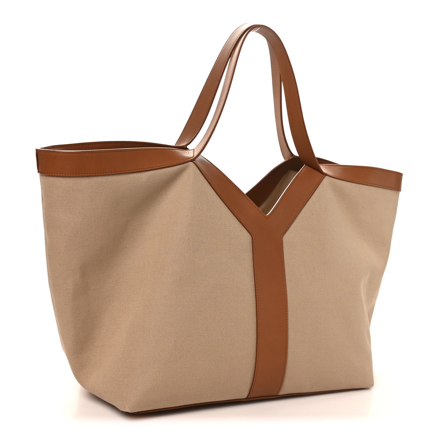 Saint Laurent canvas Y tote bag with leather side panels and top handles, desert dust