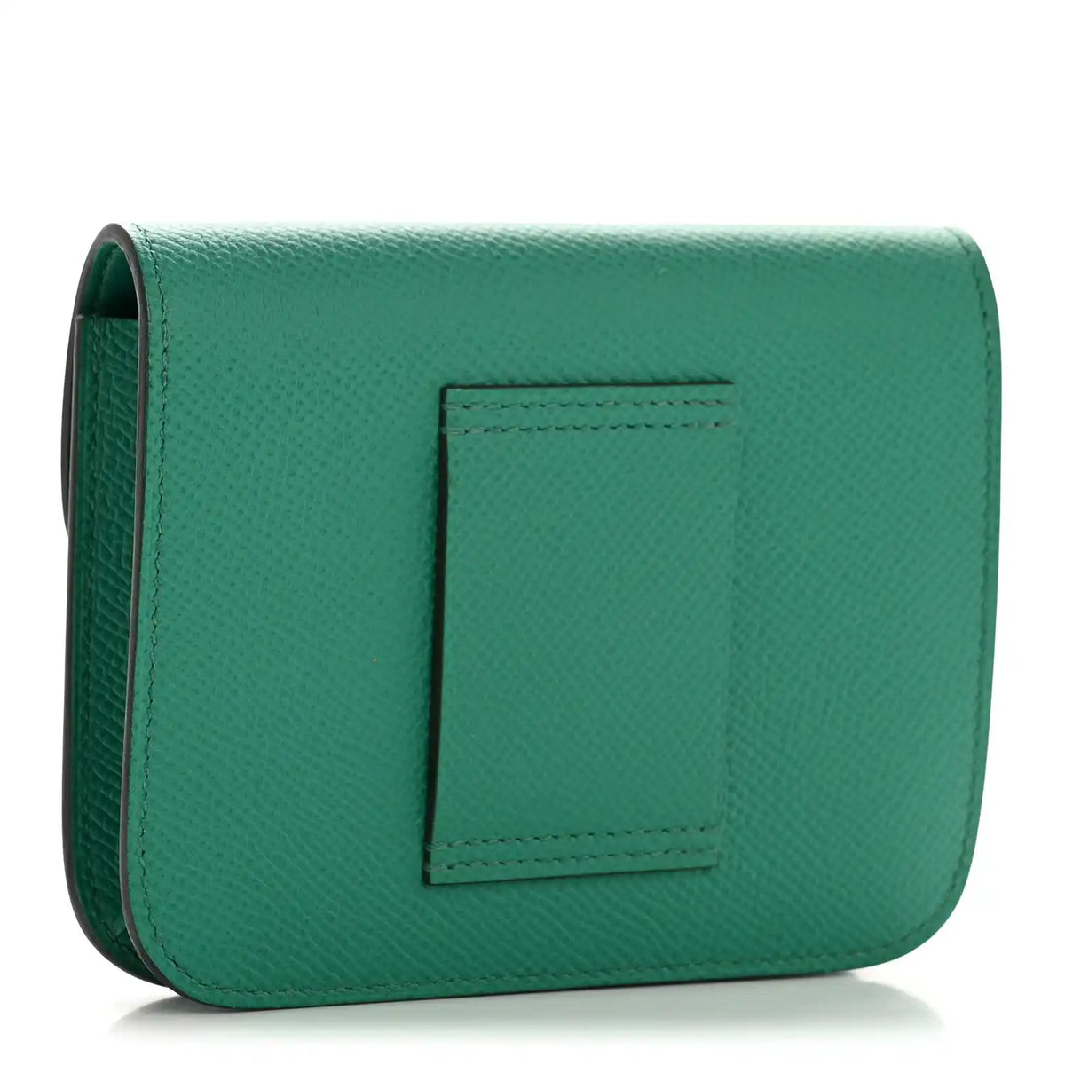 Green slim wallet back with stitched square panel, textured leather