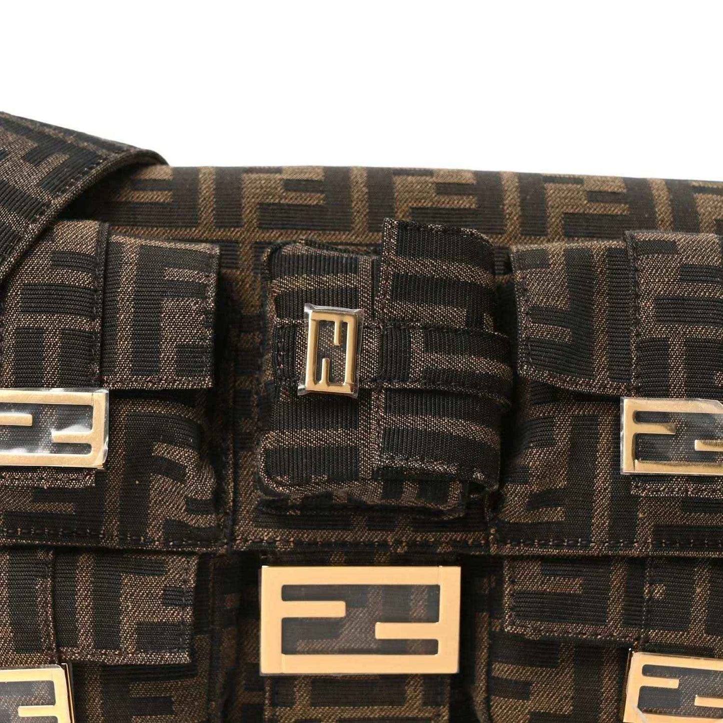 Jacquard baguette bag front with FF motif, logo buckle, and magnetic flap