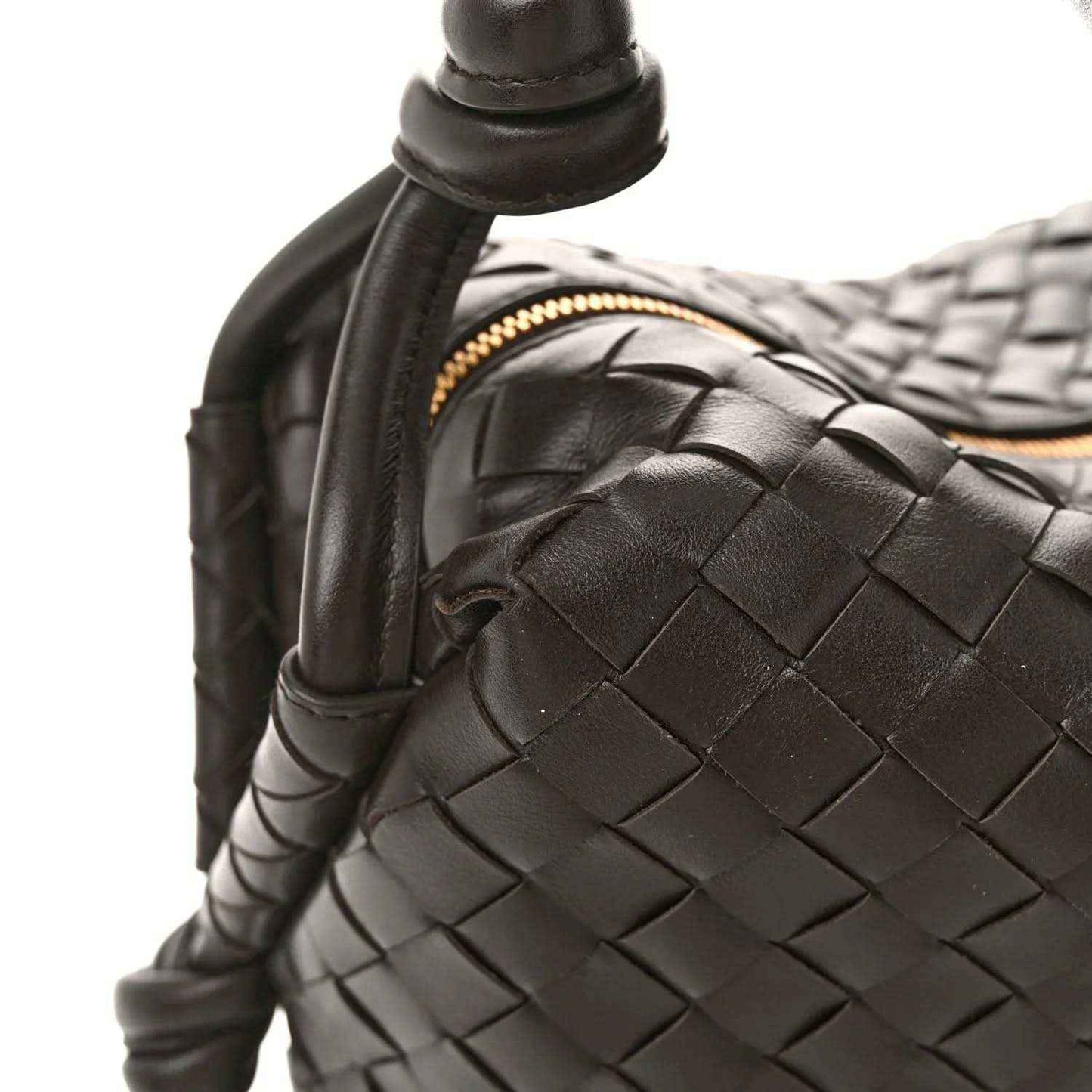 Nappa intrecciato weekender bag top handle and woven leather panel, dark leather