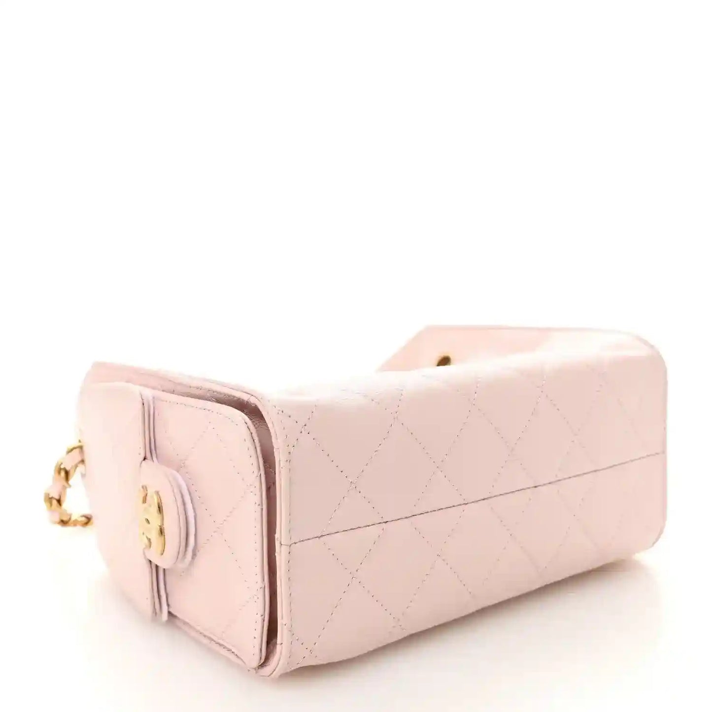 Chanel light pink quilted caviar mini 25 handbag with gold chain and curved side panel
