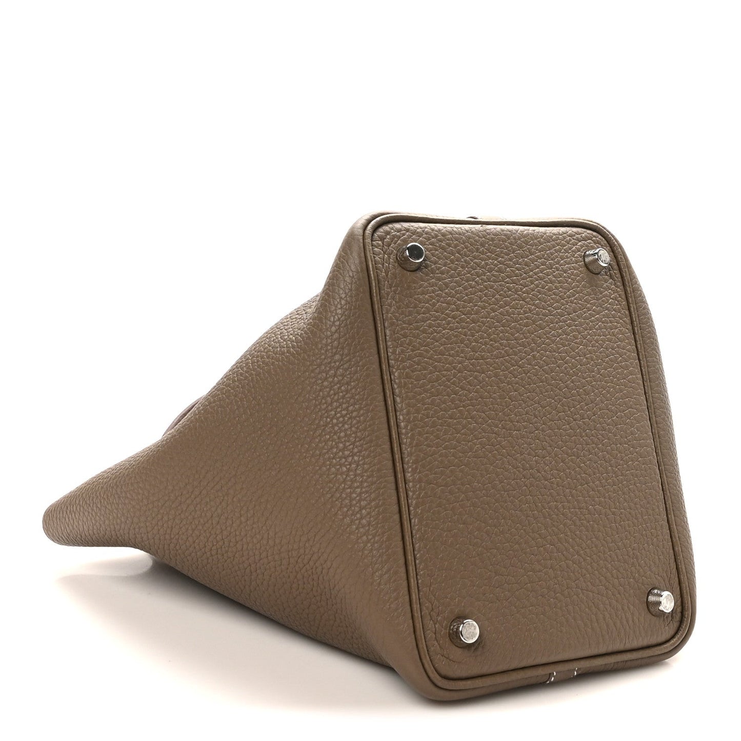 Taupe leather tote bag with triangular silhouette and metal snap hardware